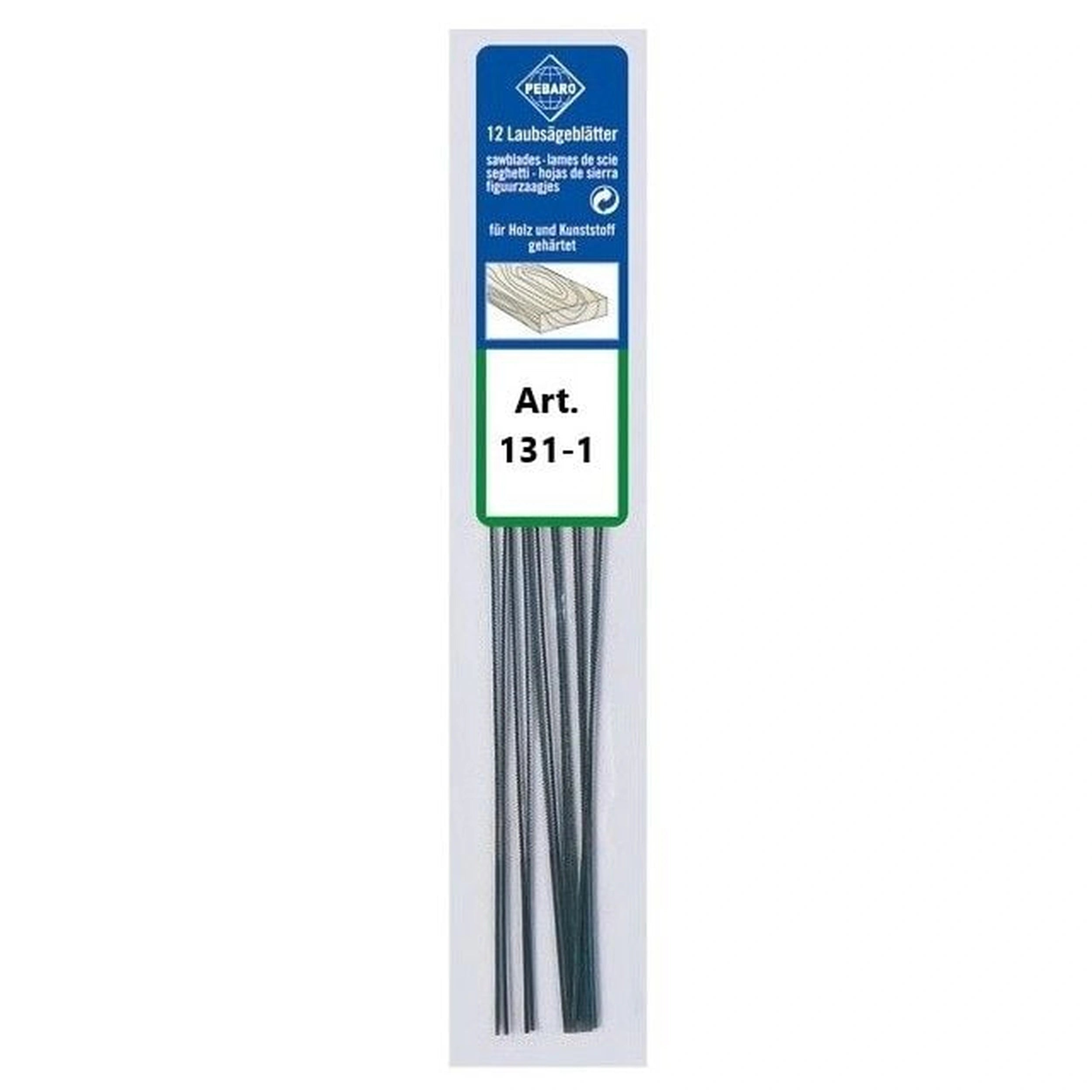 Pebaro 131-1 fretsaw blades in a blue and white pack, containing 12 blades for wood and plastic.