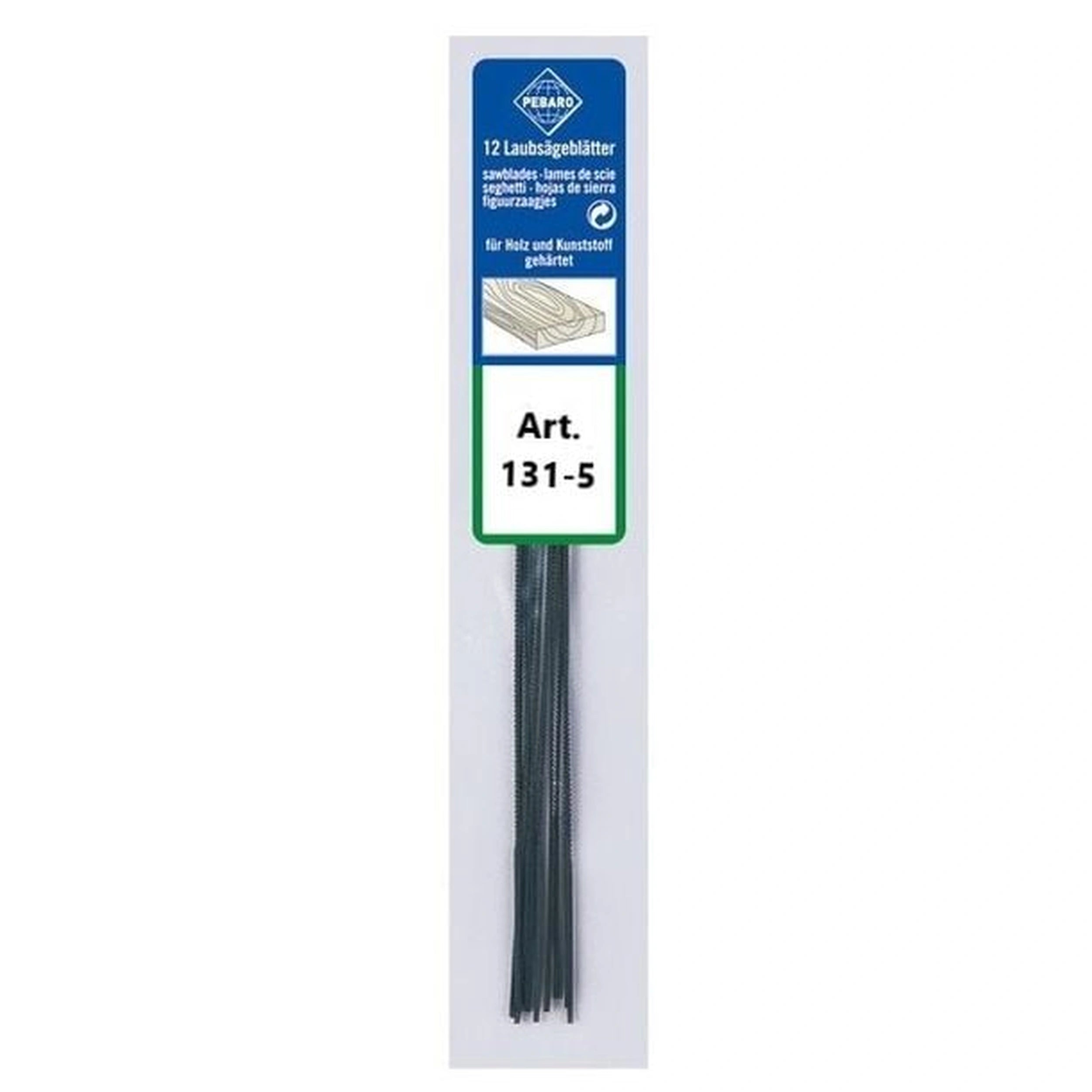 Pebaro Fretsaw Blades 131-5 for wood and plastic, packaged in a labeled envelope with 12 premium blades.