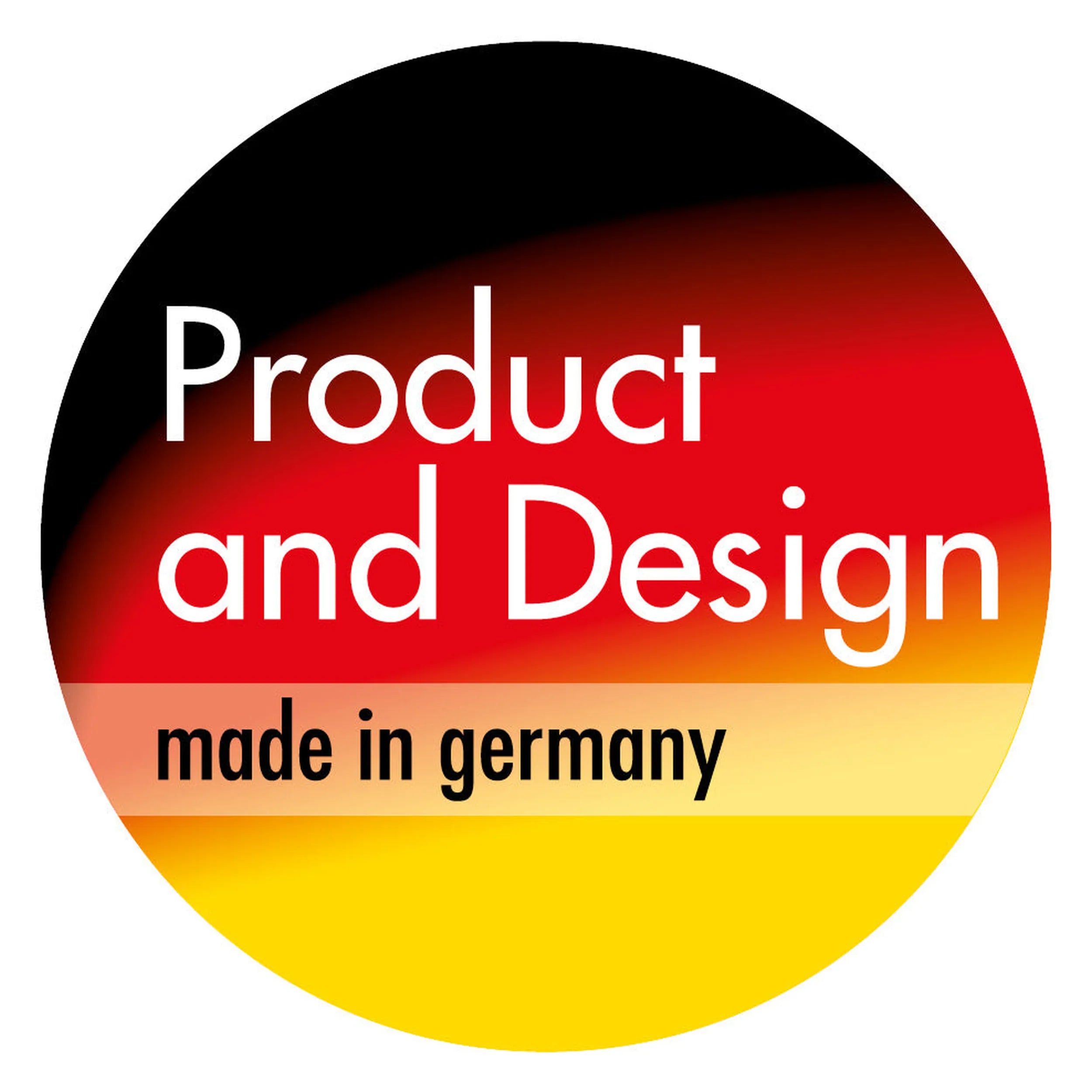 Red, black, and yellow circle with text: 'Product and Design, made in Germany'.