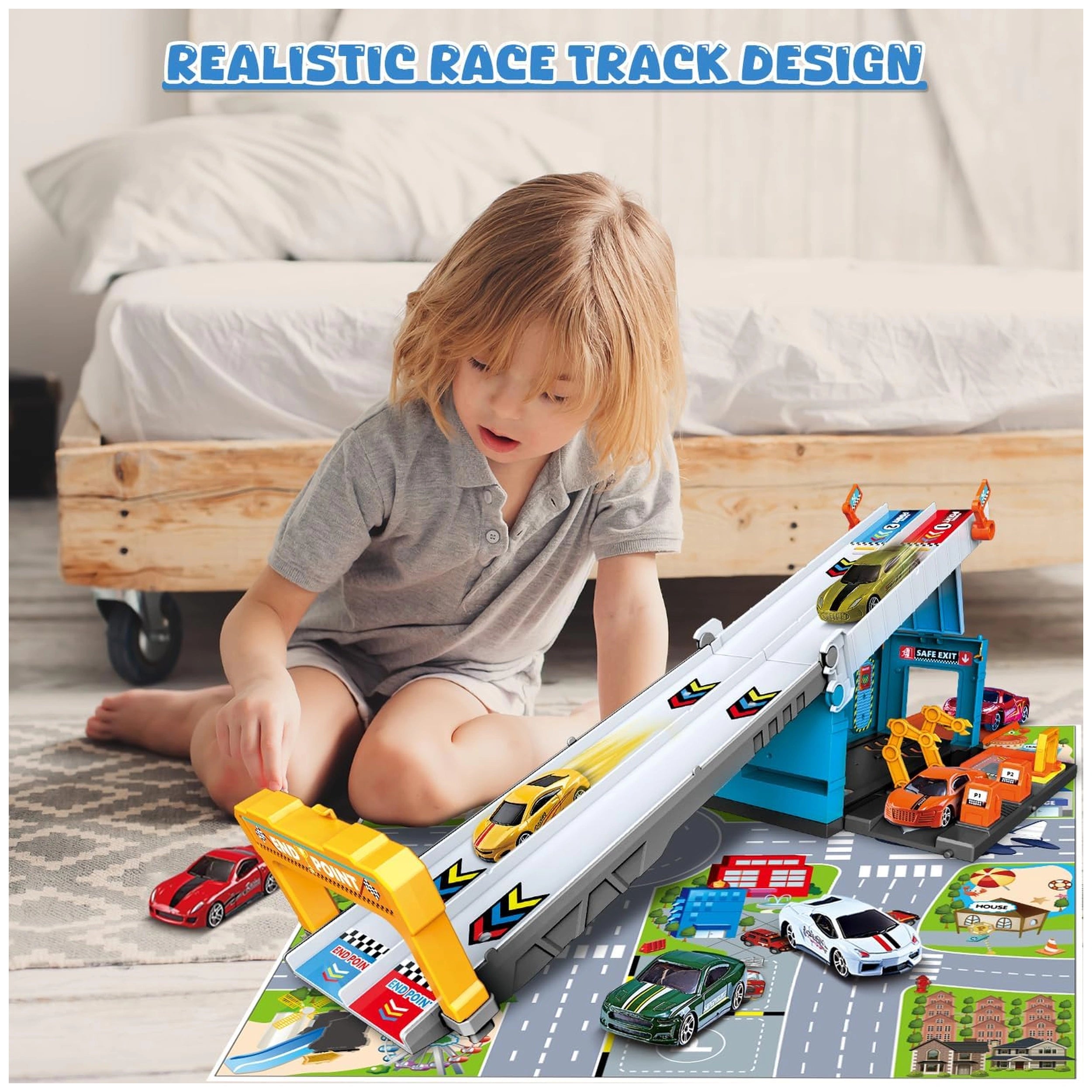 RS Toys - Pista Pit Stop 2 in 1 Draagbare Garage en Lanceerbaan - Speelvoertuigen
