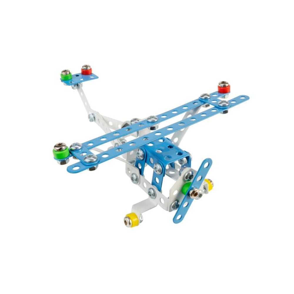 Blue and silver airplane model made from metal plates and screws with colorful plastic accents.