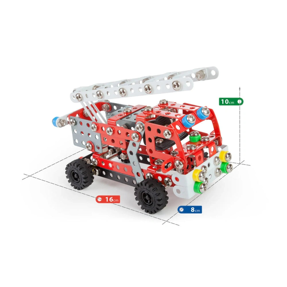 Red and silver metal fire engine toy construction set, 16x8x10 cm, with colorful plastic elements and black wheels.