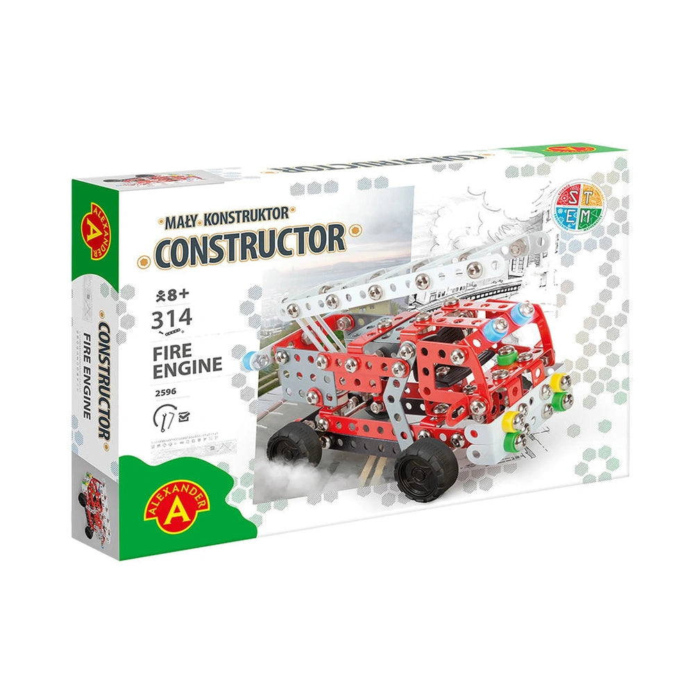 Alexander Maly Constructor Fire Engine set box, showing a red metal fire truck assembly for ages 8+ with 314 pieces.