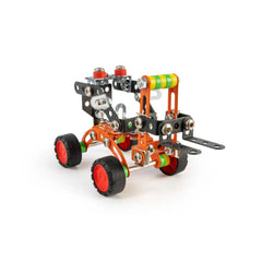 Orange and black toy forklift model with red wheels and colorful handles, assembled from the Alexander Maly Constructor set.