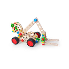 Wooden construction toy forklift with colorful screws and connectors, black wheels, and vibrant elements.