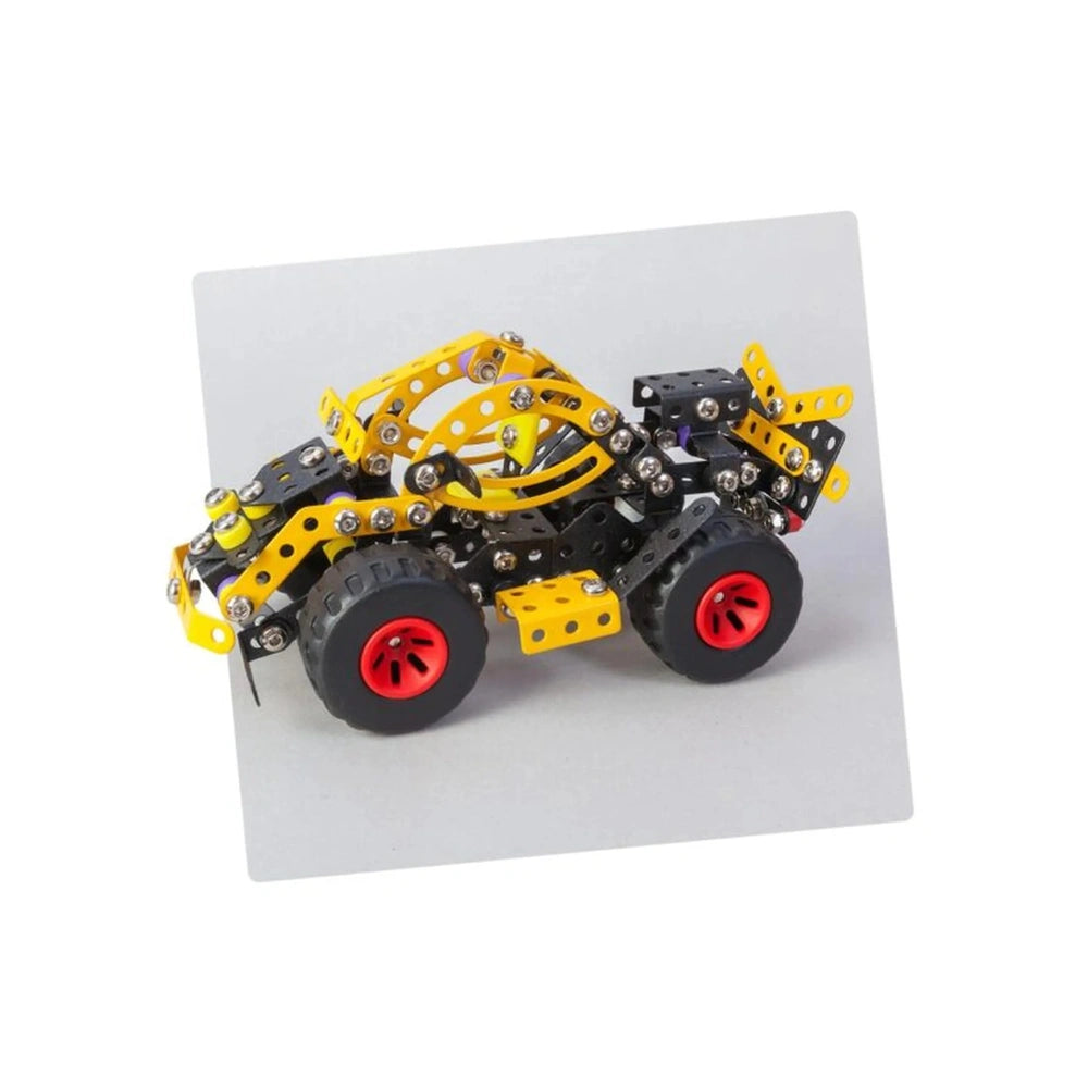 Yellow and black model car with red wheels, assembled from construction set pieces, showcasing intricate metal plate design.