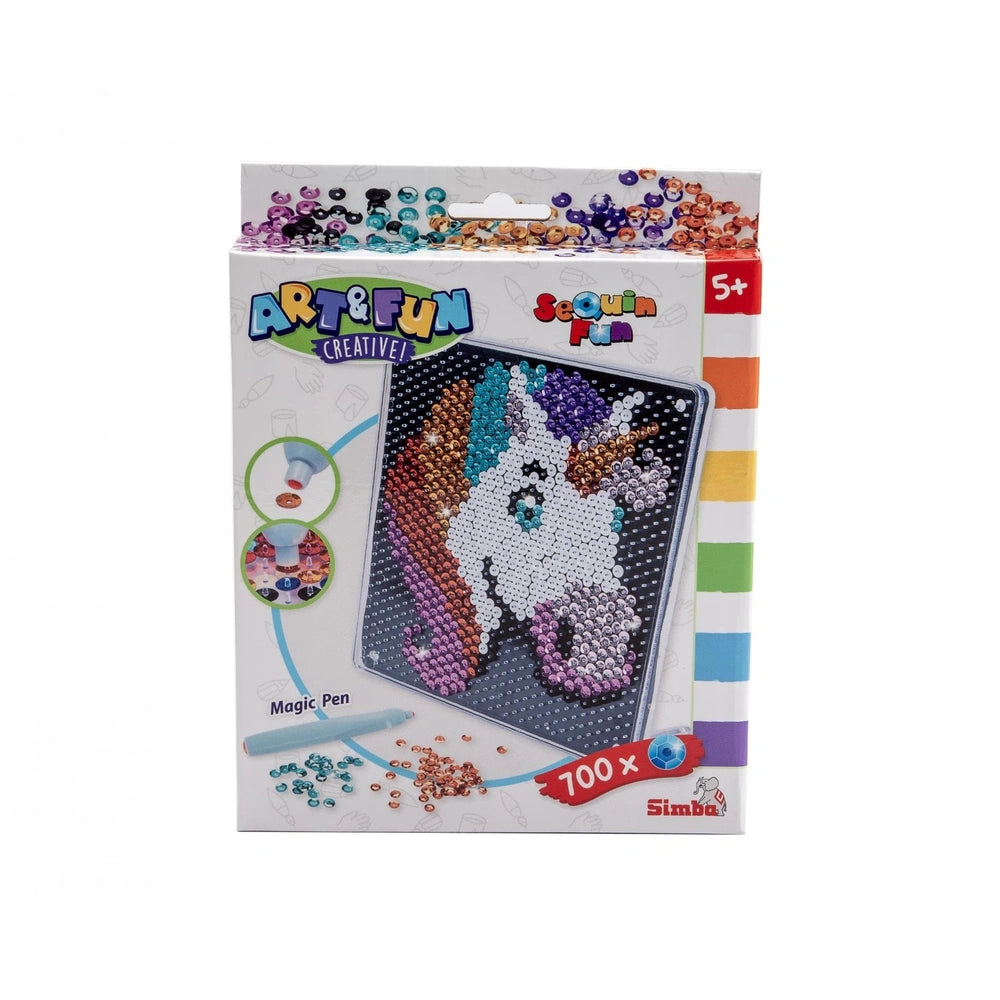 Ammirate Unicorn-Sequin-Art-Activity kit features colorful packaging with a craft board, magic pen, and fun crafting material