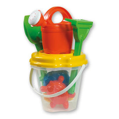 Transparent bucket with yellow lid, red watering can, green shovel and rake, and colorful molds.