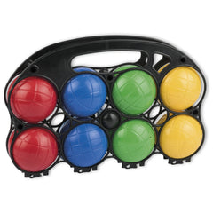 Colorful bocce ball set with red, blue, green, and yellow balls in a black carrying case.