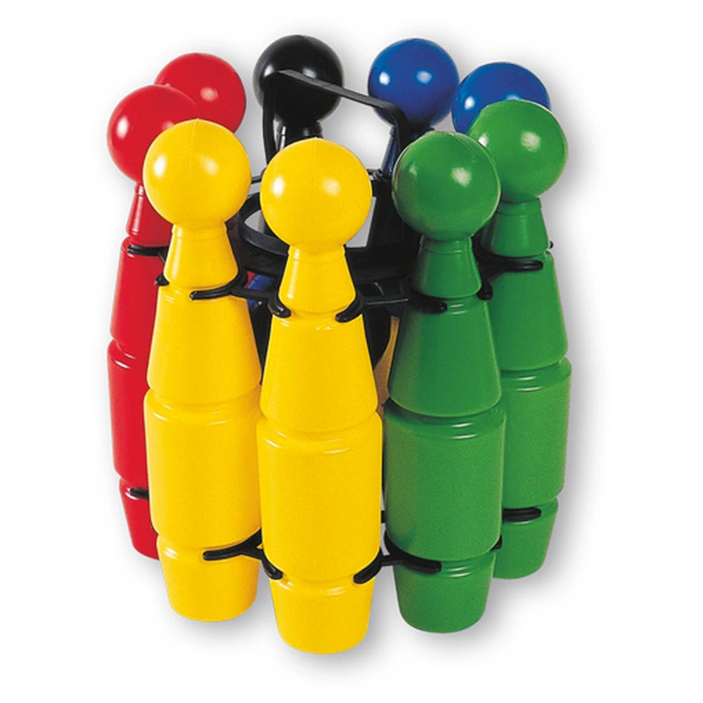 Colorful Androni bowling set with nine pins in red, yellow, green, and blue, with two black balls.