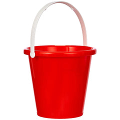 Red plastic beach bucket with a white handle, perfect for building sandcastles and outdoor play, designed for children.