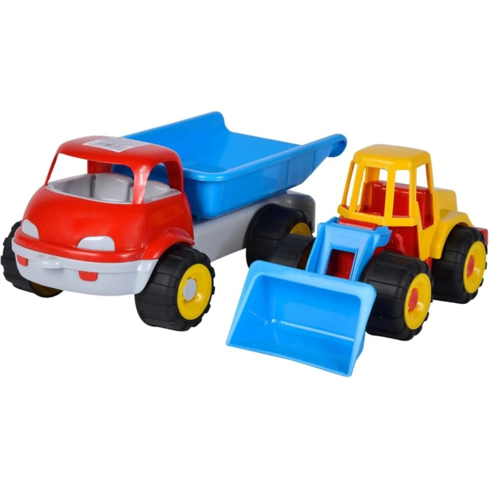 Red androni truck with blue tipper and yellow bulldozer, designed for creative play.