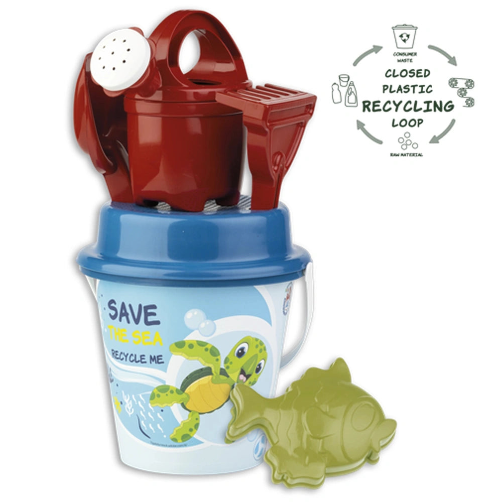 Eco-friendly beach set with blue bucket and turtle design, red rake, and green fish mold, promoting recycled materials.