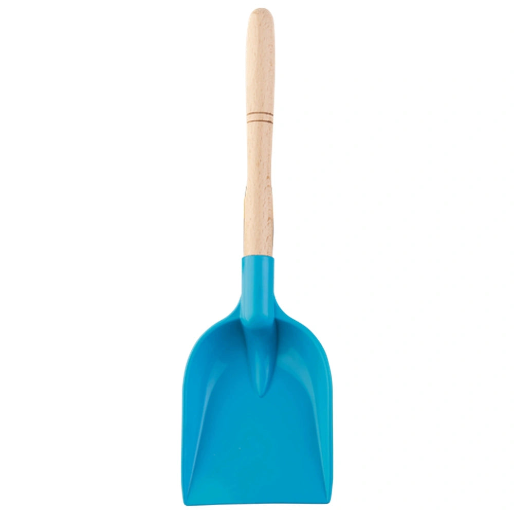 Blue plastic shovel with a sturdy wooden handle, ideal for beach play, measuring 36 cm in height.