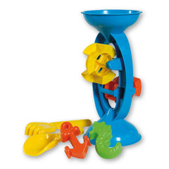 Blue sand mill with yellow and red paddles, includes a yellow shovel, rake, and orange and green molds.