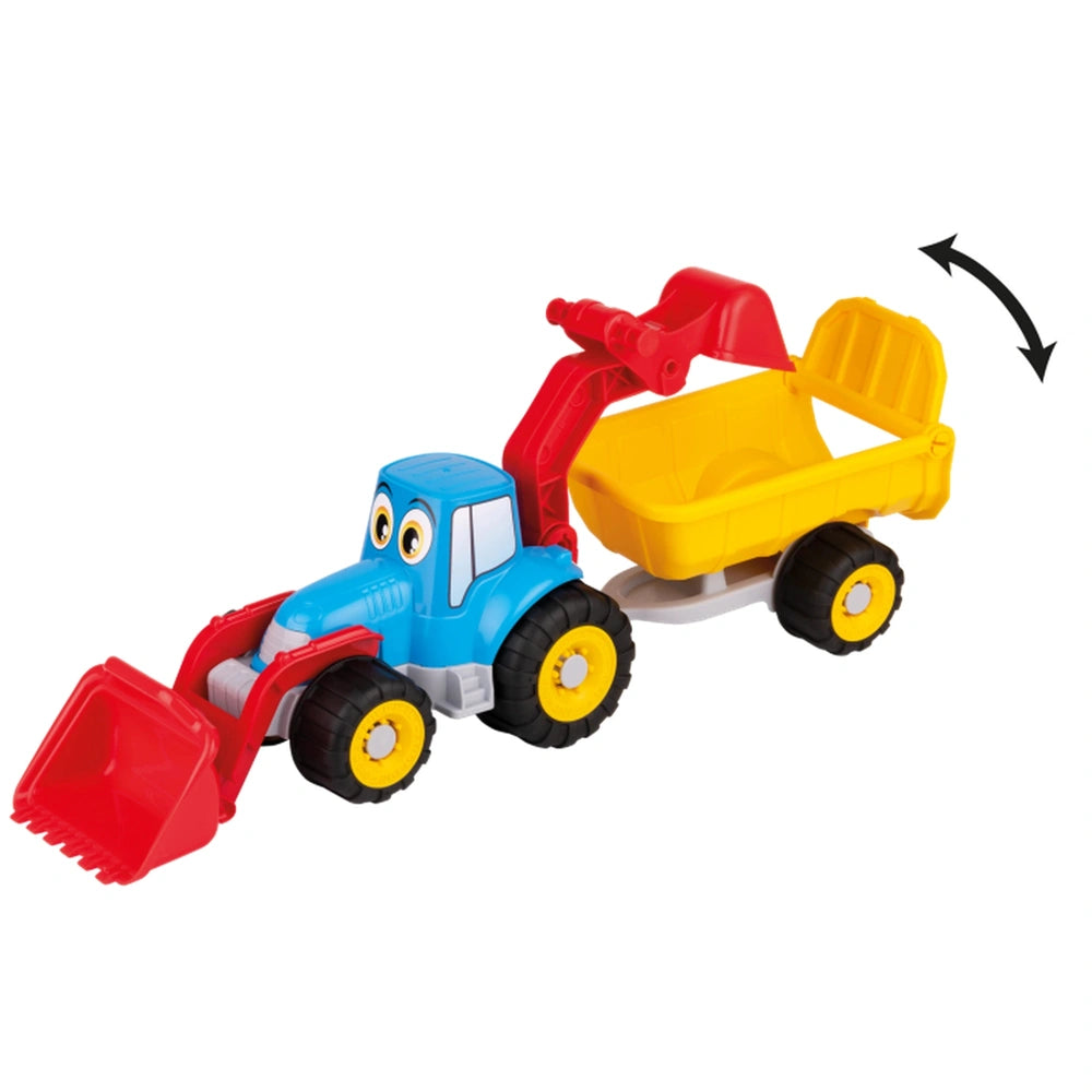 Blue tractor toy with red digger shovel and yellow trailer featuring playful eyes and bicolored wheels.