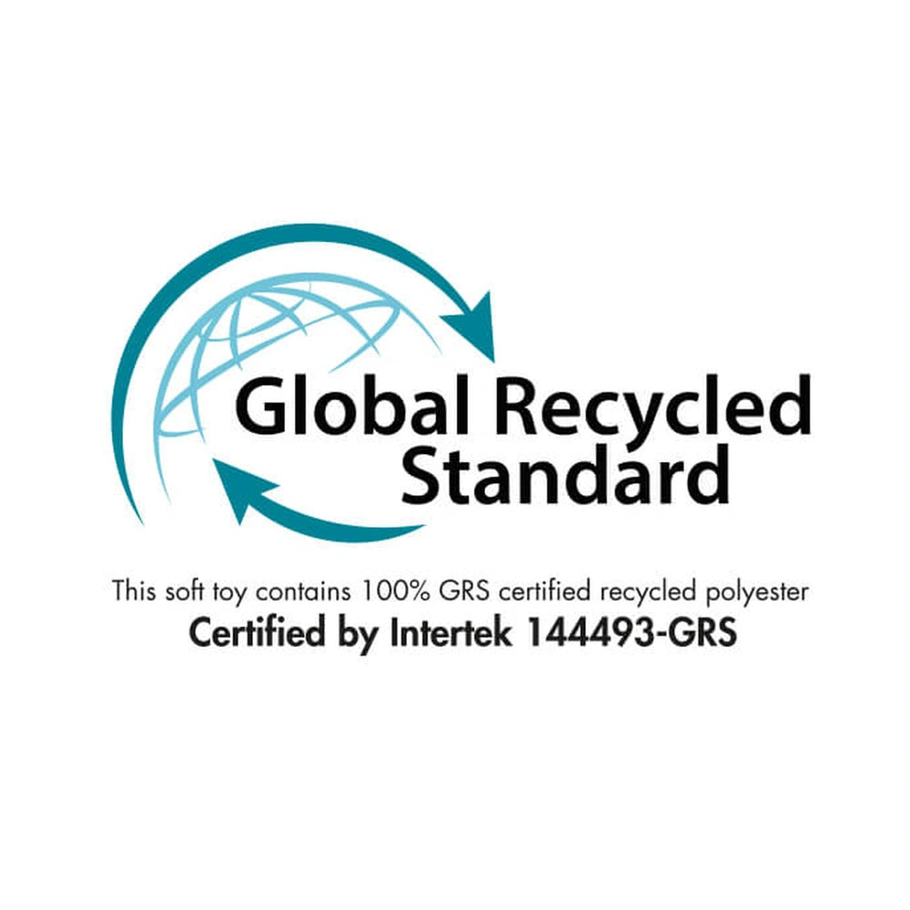 Animals of the Woods plush toy features a logo indicating it contains 100% GRS certified recycled polyester.