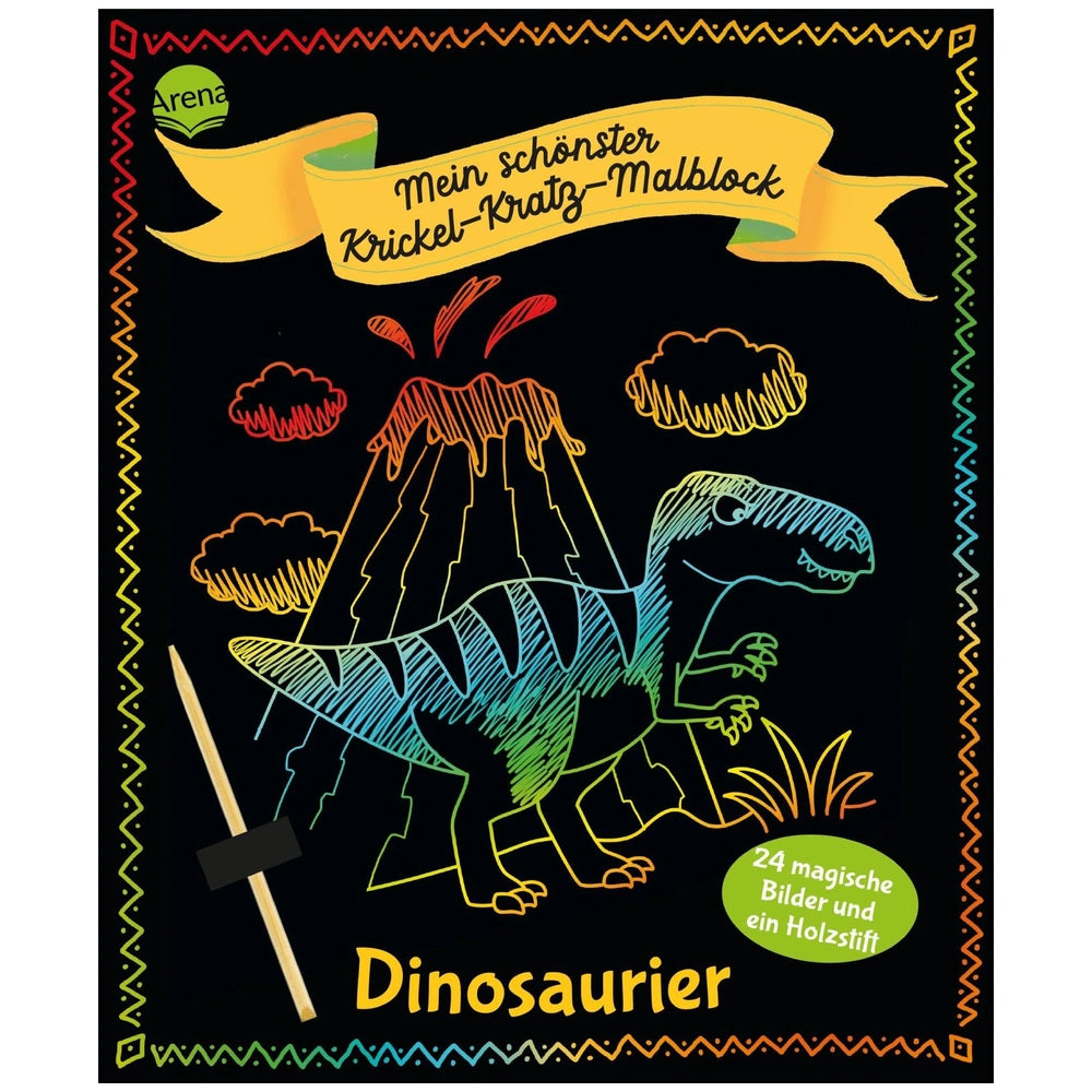 ARENA My Most Beautiful Scratch Art Coloring Book cover featuring a cartoon dinosaur, volcano, rainbow, and playful design el