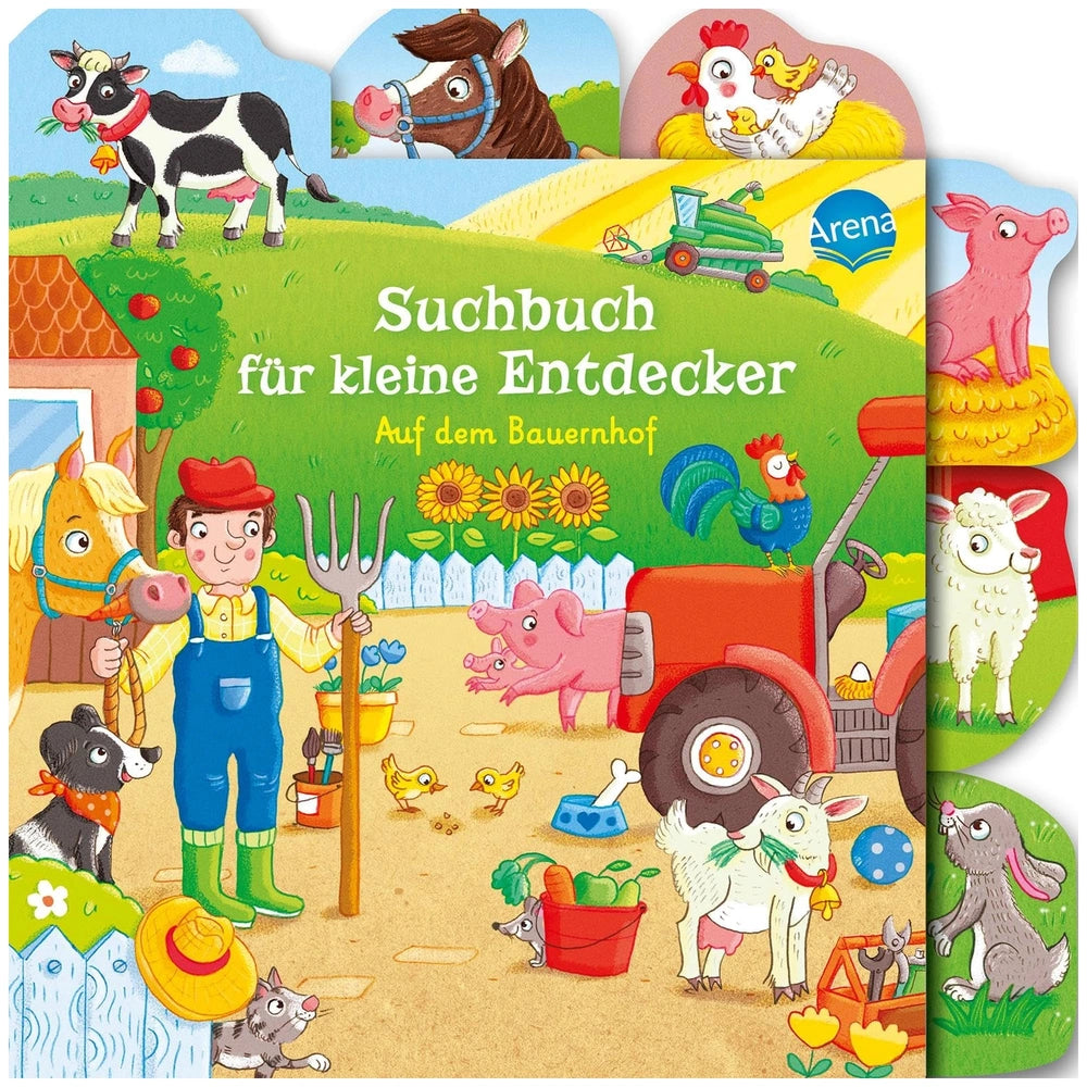 ARENA book cover for children featuring a farmer, various farm animals, and a smiling sun in a colorful, cartoonish style.