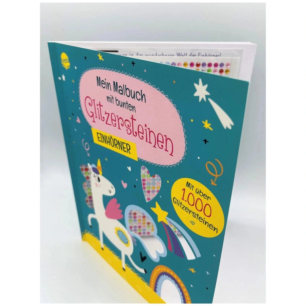 ARENA Unicorn Coloring Book with glitter stones featuring a vibrant cover illustration of a whimsical unicorn and colorful el