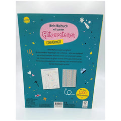 ARENA Unicorn Coloring Book packaging with colorful illustrations, including glitter stones, designed for children 3 and up.