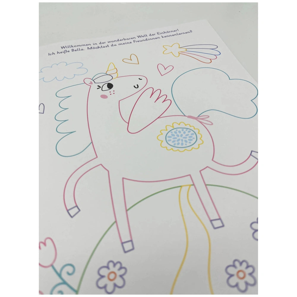 ARENA Unicorn Coloring Book cover featuring a whimsical unicorn illustration with bright colors and a light blue background.