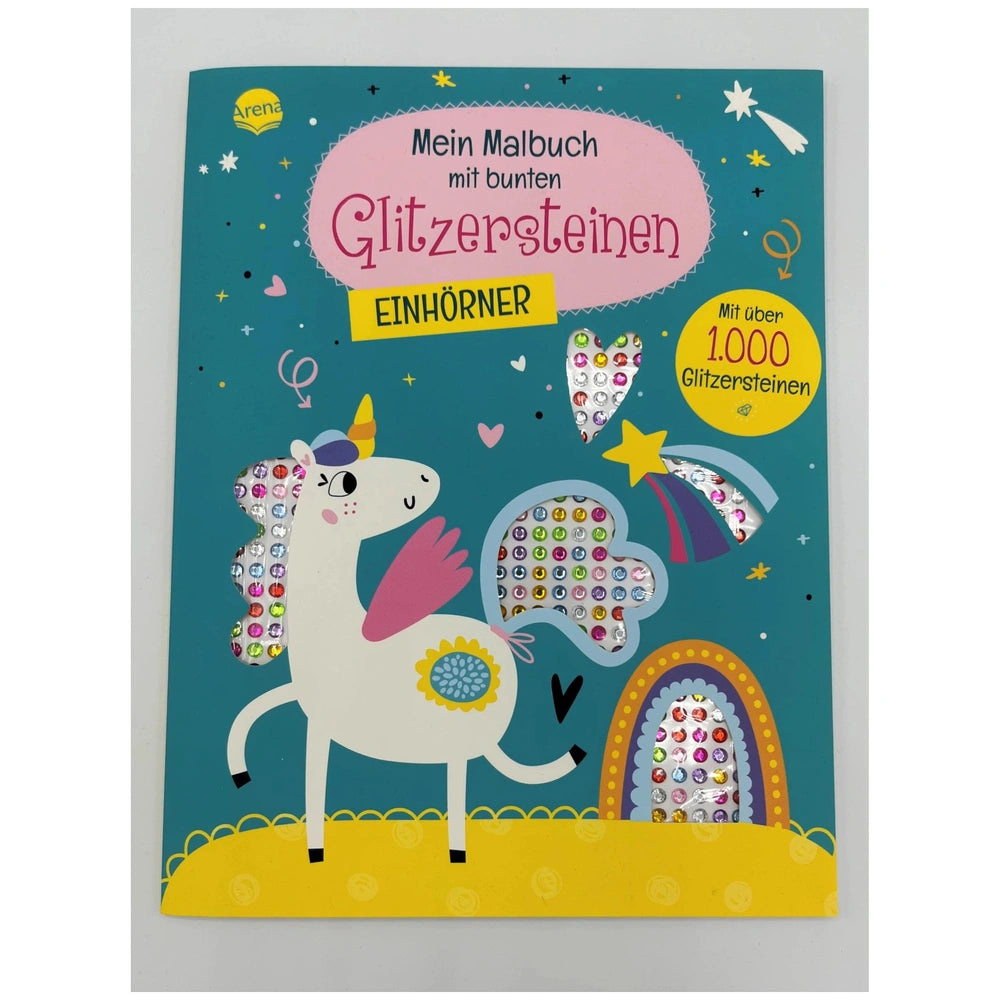 ARENA Unicorn Coloring Book cover featuring a whimsical white unicorn, glittering stars, and playful illustrations for childr