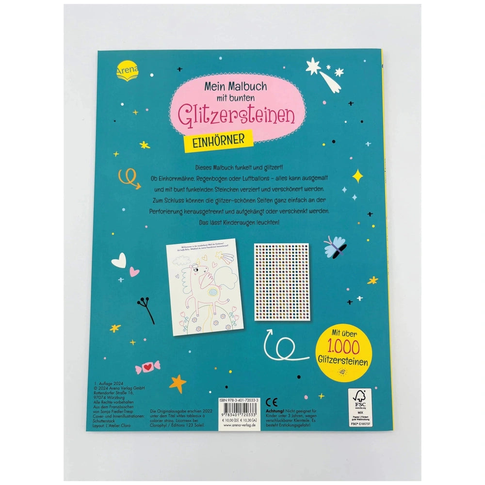 ARENA Unicorn Coloring Book with over 1000 glitter stones; colorful cover featuring unicorns and playful graphics.