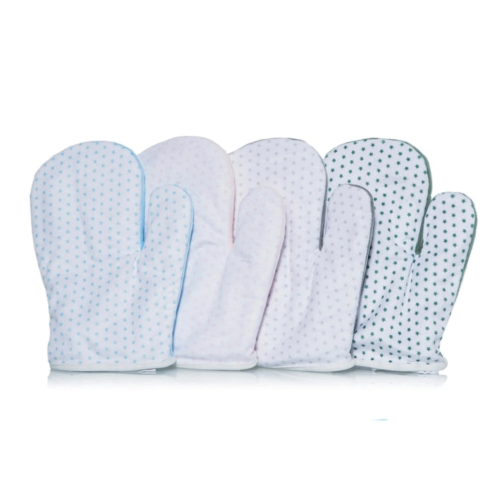 Pastel-colored thermal anti-colic gloves for babies in blue, pink, and green with polka dot patterns.
