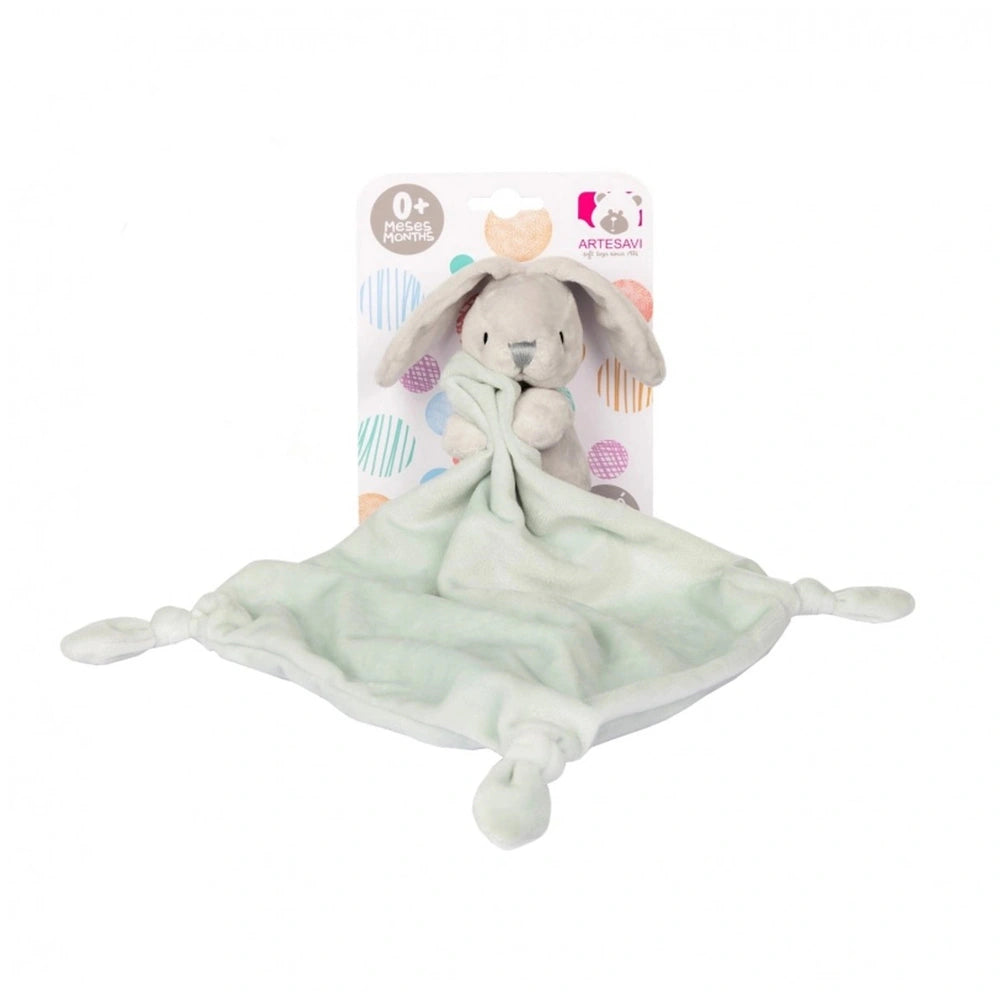 Artesavi Soft DouDou Rabbit plush toy in light gray, wrapped in a green blanket, designed for babies 1 month and older.