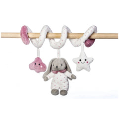 Spiral plush rattle in white with pink accents, featuring a bunny, star, and cloud hanging, designed for strollers or cribs.
