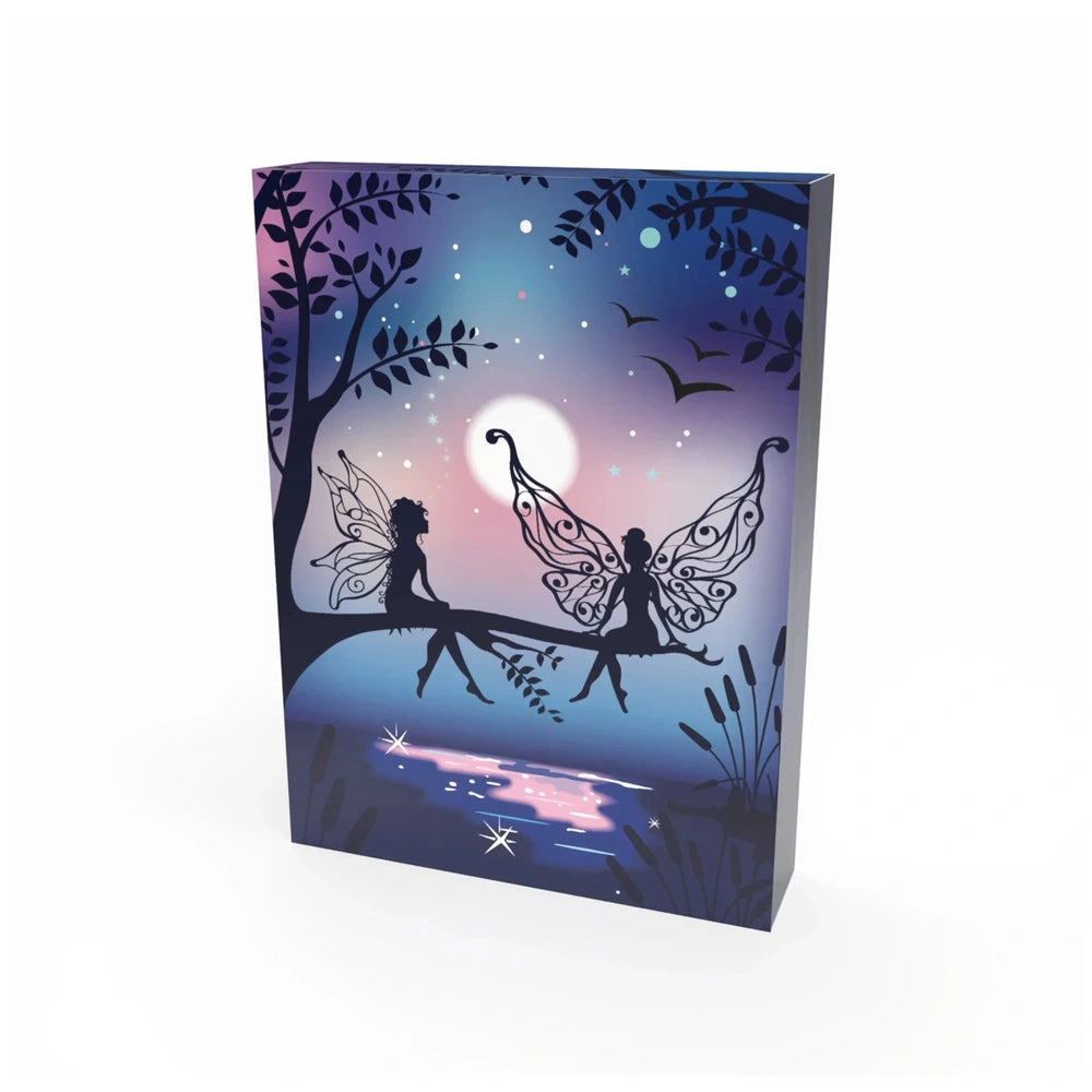 Fluorescent Dream Catcher featuring two fairies on a tree against a night sky - ARTISTA Arts & Crafts.