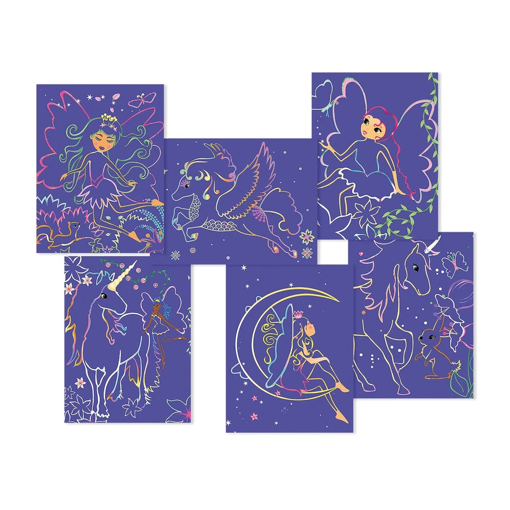 Alt text: "ARTISTA Scratch Pictures set of 6 cards featuring enchanting unicorn and moon illustrations for creative arts & crafts.