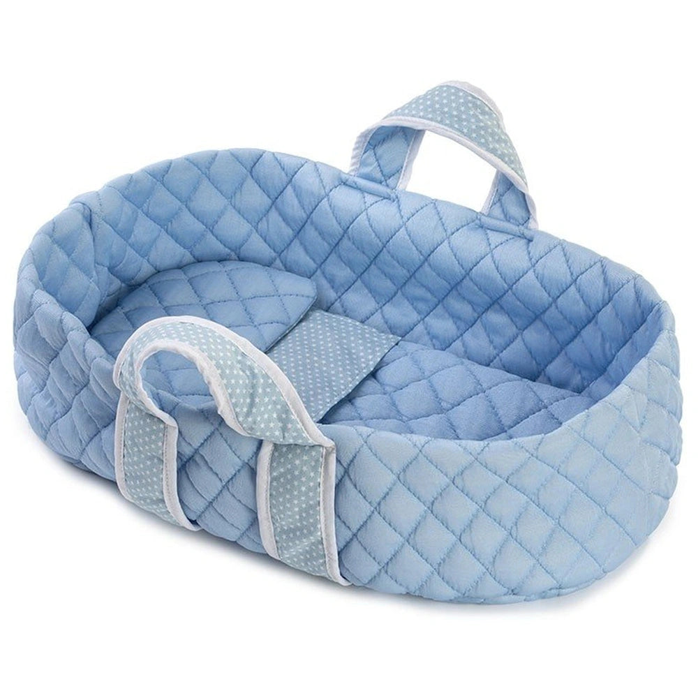 Blue quilted carrycot with white stars pattern and handles for 42-46 cm dolls.
