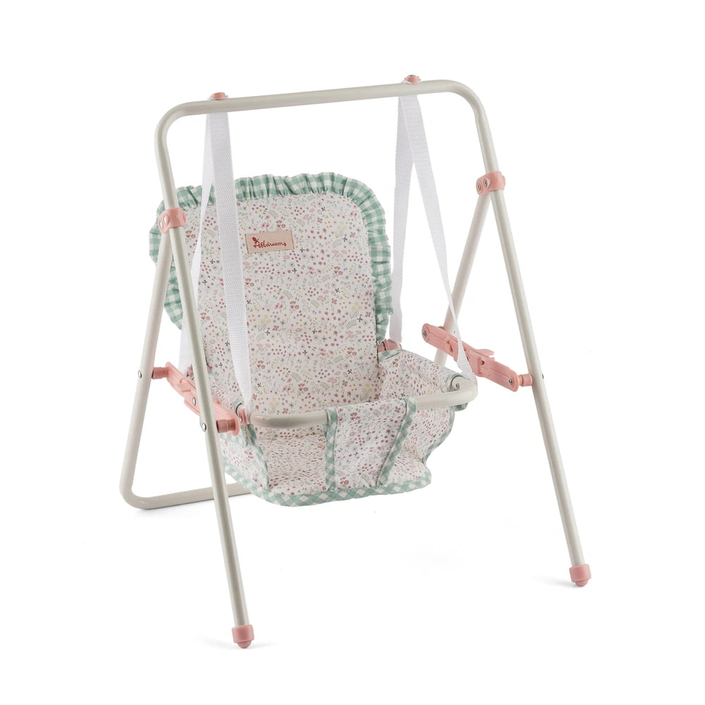 Cream and pink doll swing with floral seat, perfect for 36 to 46 cm dolls.