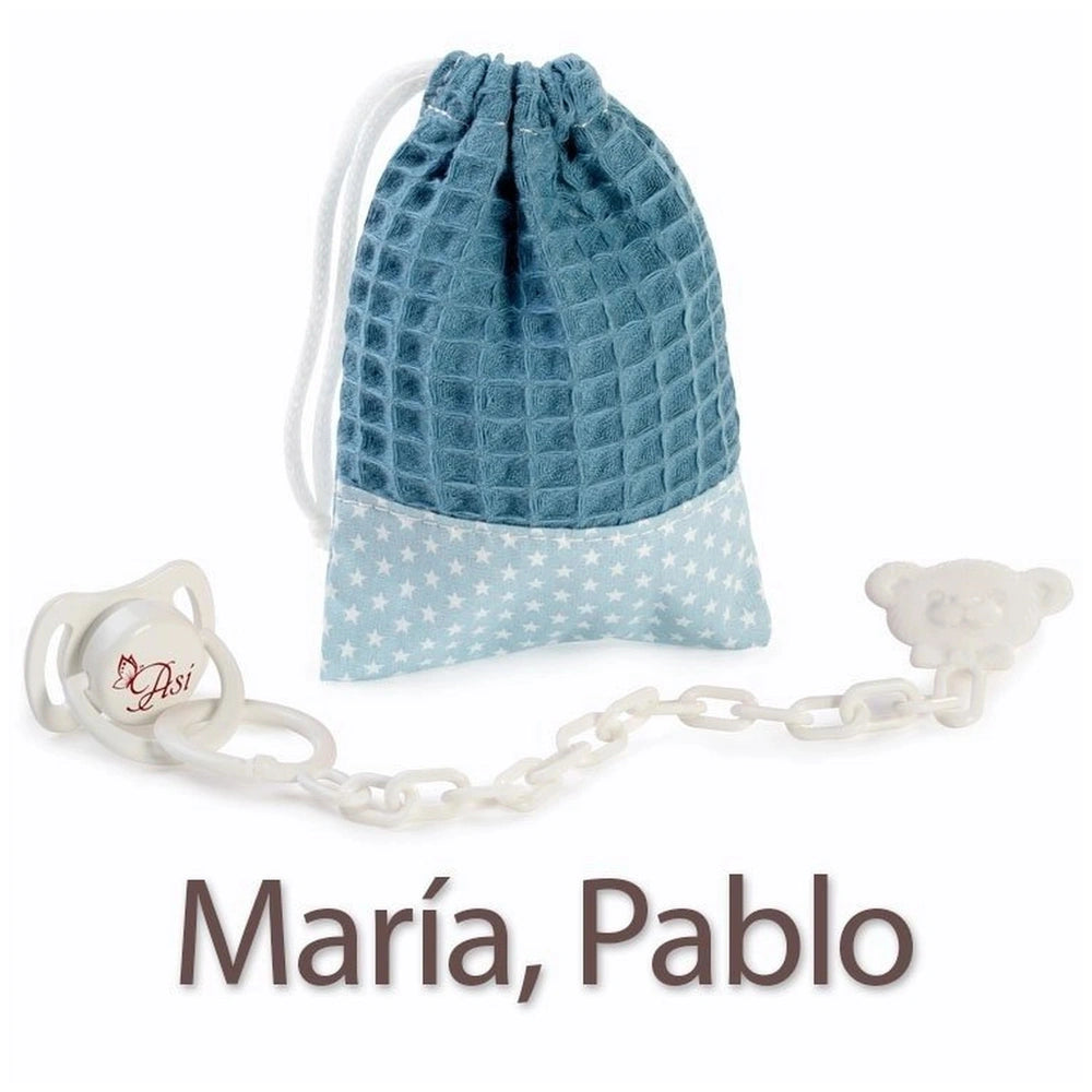 Light blue bag with white stars and a pacifier for María and Pablo dolls by ASI Dolls.