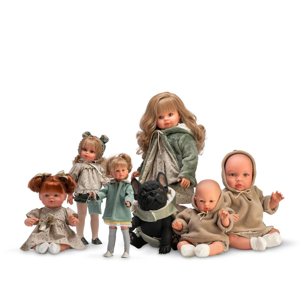 Group of diverse dolls, including a French Bulldog doll in a green raincoat, showcasing various styles and outfits.