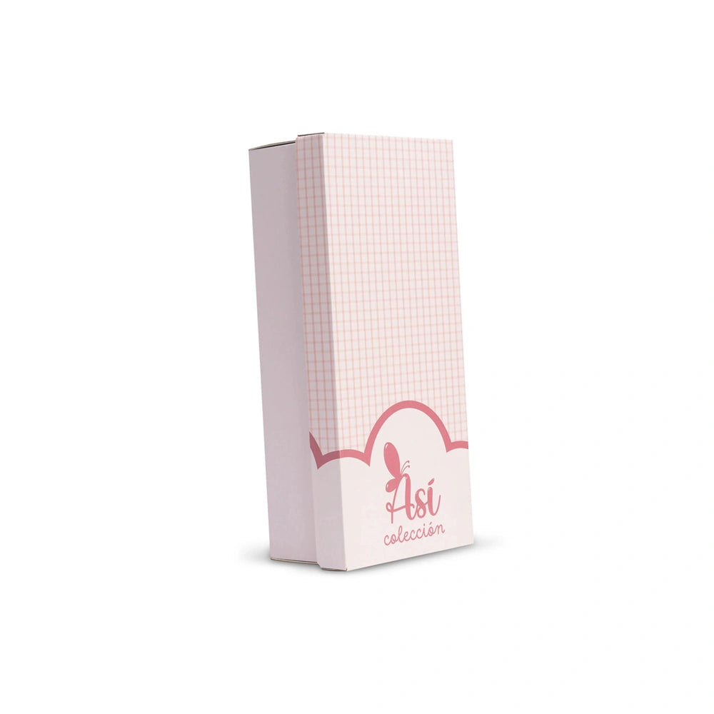 ASI Dolls gift box with pink grid design and logo, for 36 cm Alex doll outfit in aqua dress with hood.