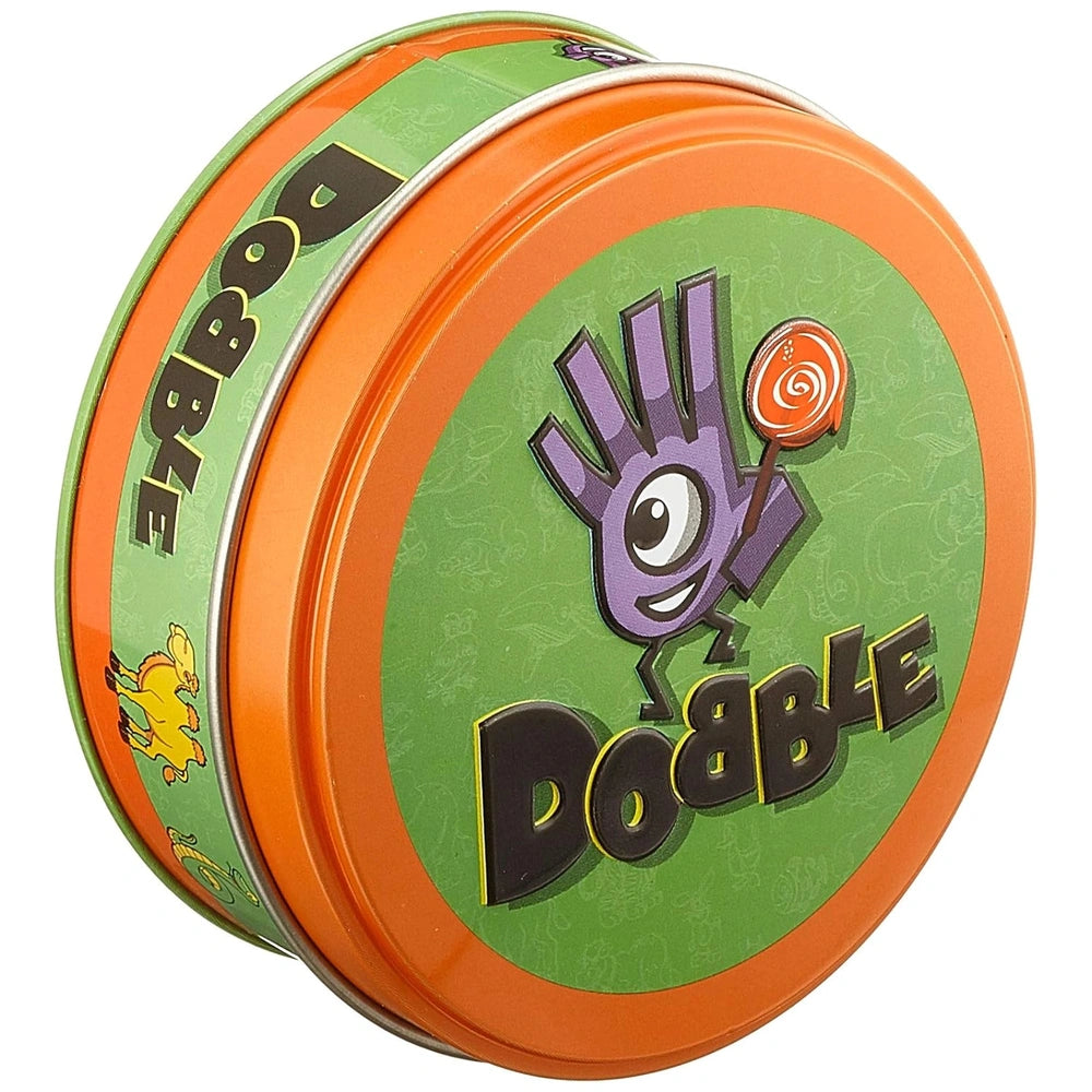 ASMODEE Dobble Kids Card Game lid features a cartoon character with a purple body and green head, showcasing vibrant colors and design.