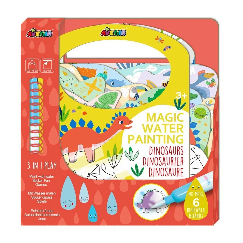 Avenir Magic Water Painting Dinosaurs arts and crafts set showcases vibrant red packaging with a clear window revealing various painting supplies.