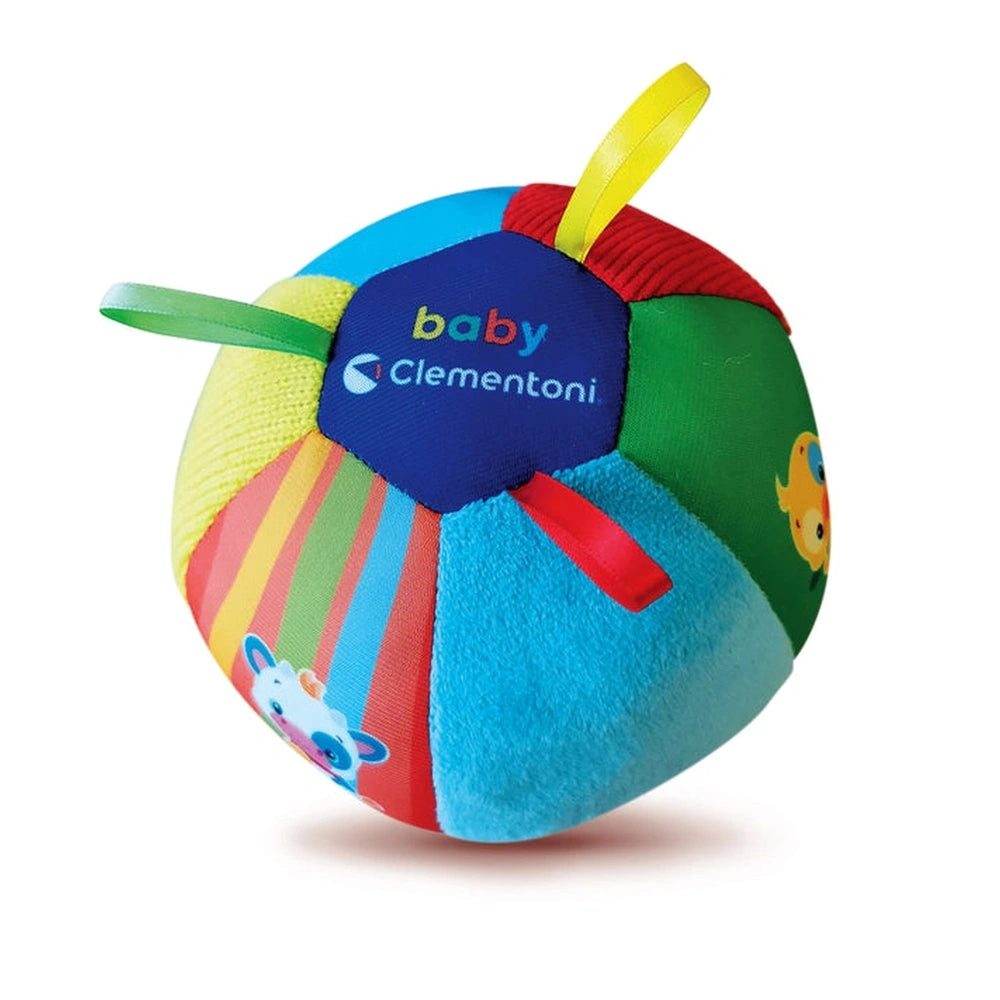 Baby Clementoni musical ball features a colorful, textured surface with a pentagon panel logo, designed for infant play.