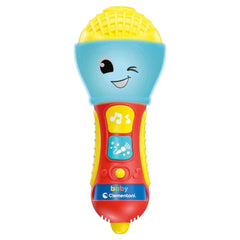 Brightly colored baby microphone toy in red, yellow, and blue, designed for interactive play with easy-access buttons.