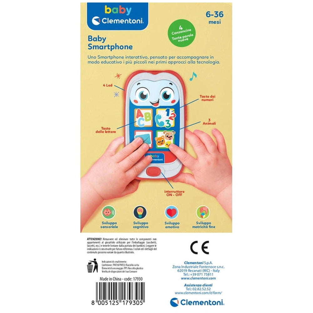 Baby smartphone toy in red with colorful icons held by a child's hands against a solid yellow background.