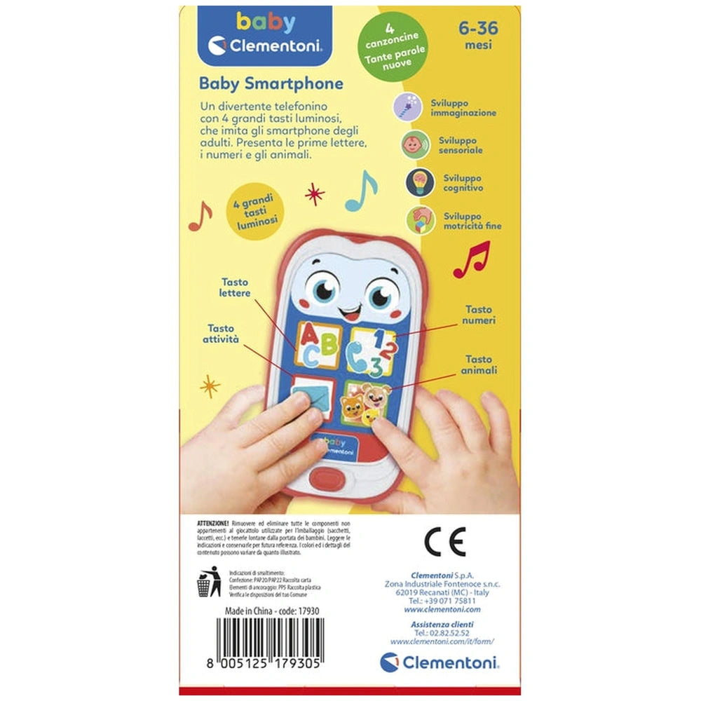 Baby Smartphone activity toy packaging featuring a cartoon baby, colorful icons, and Italian text on a glossy yellow backgrou