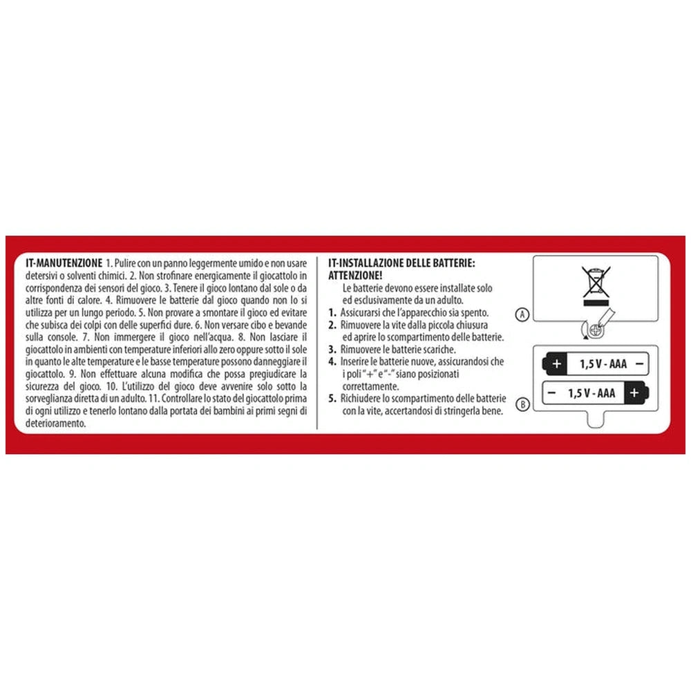 Baby Clementoni smartphone activity toy instruction label in red and white featuring safety symbols and Italian text.