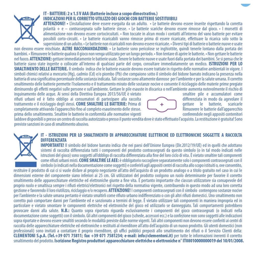 Baby Clementoni smartphone activity toy informational sheet with Italian text, blue header, and battery graphics.