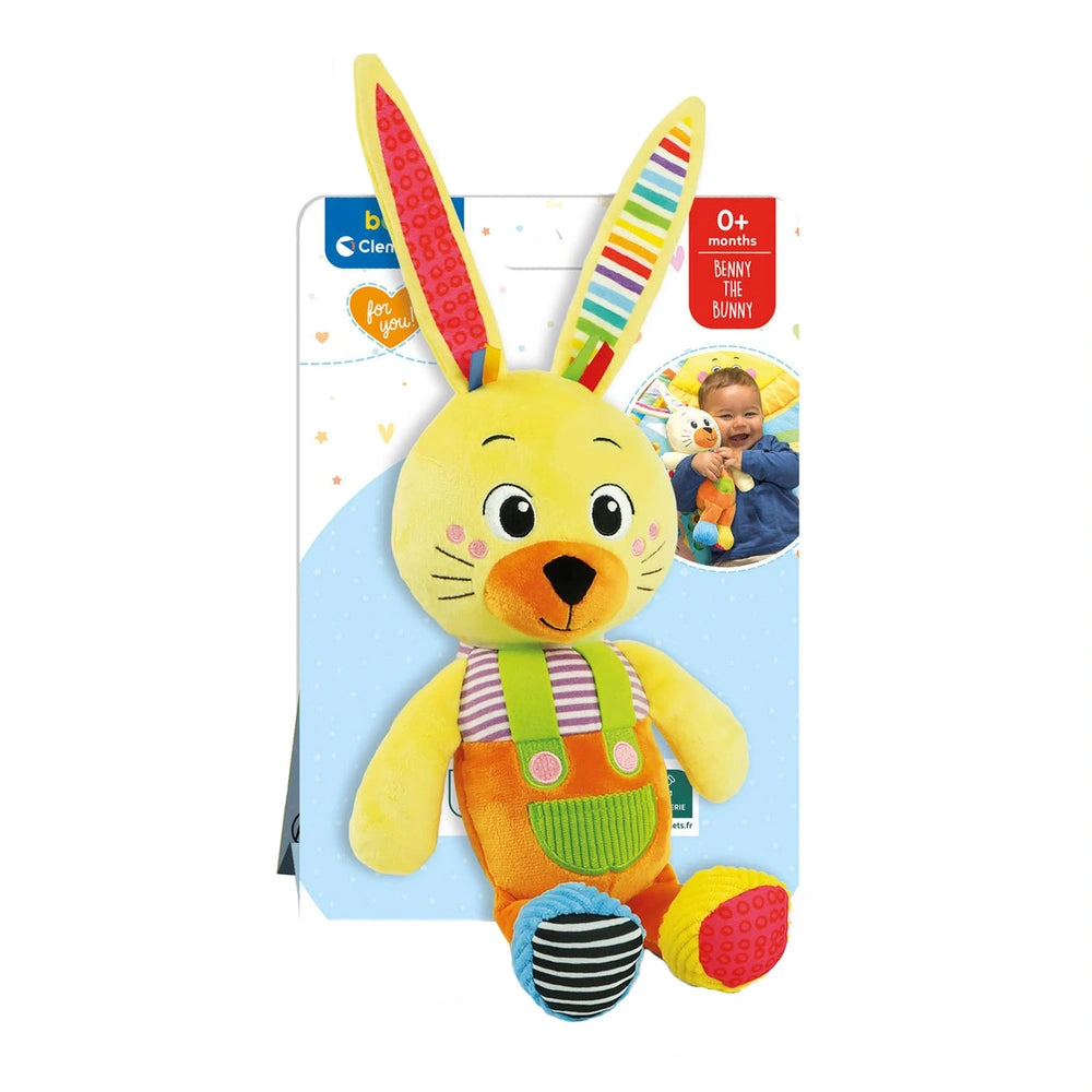 Benny the Puppy is a vibrant plush rabbit with a smiling face, colorful outfit, and soft texture, perfect for babies 0+ month