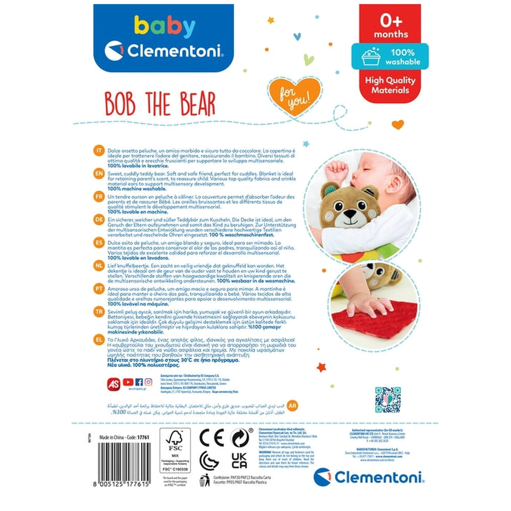 Bob the Bear stuffed animal is featured with a sleeping baby in a colorful, playful advertisement for baby Clementoni.
