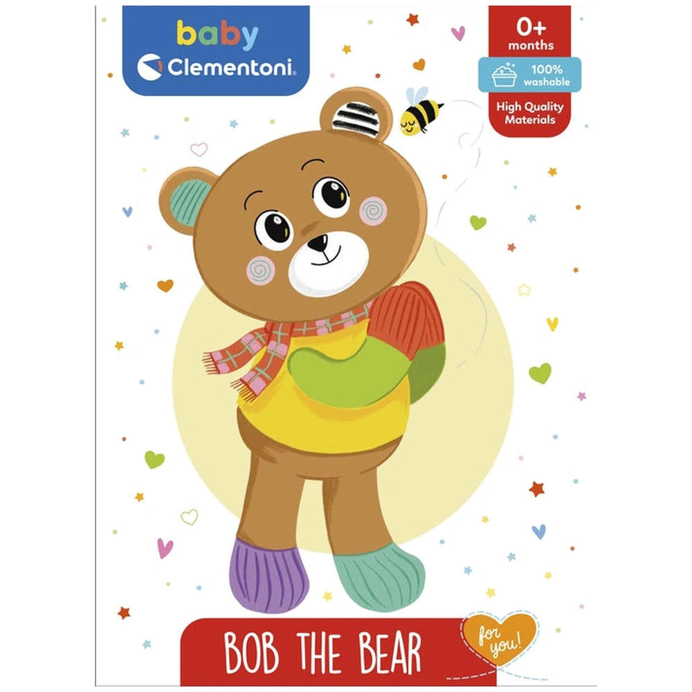 Bob the Bear is a cheerful teddy bear in a yellow shirt and green scarf, holding a red heart against a festive yellow backgro