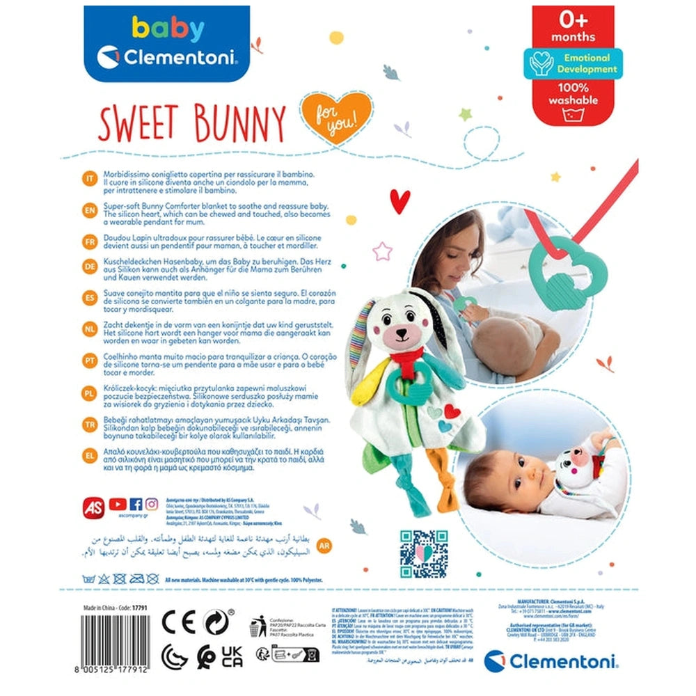 Baby bunny comforter in a playful advertisement featuring colorful text and illustrations, highlighting its appeal to parents